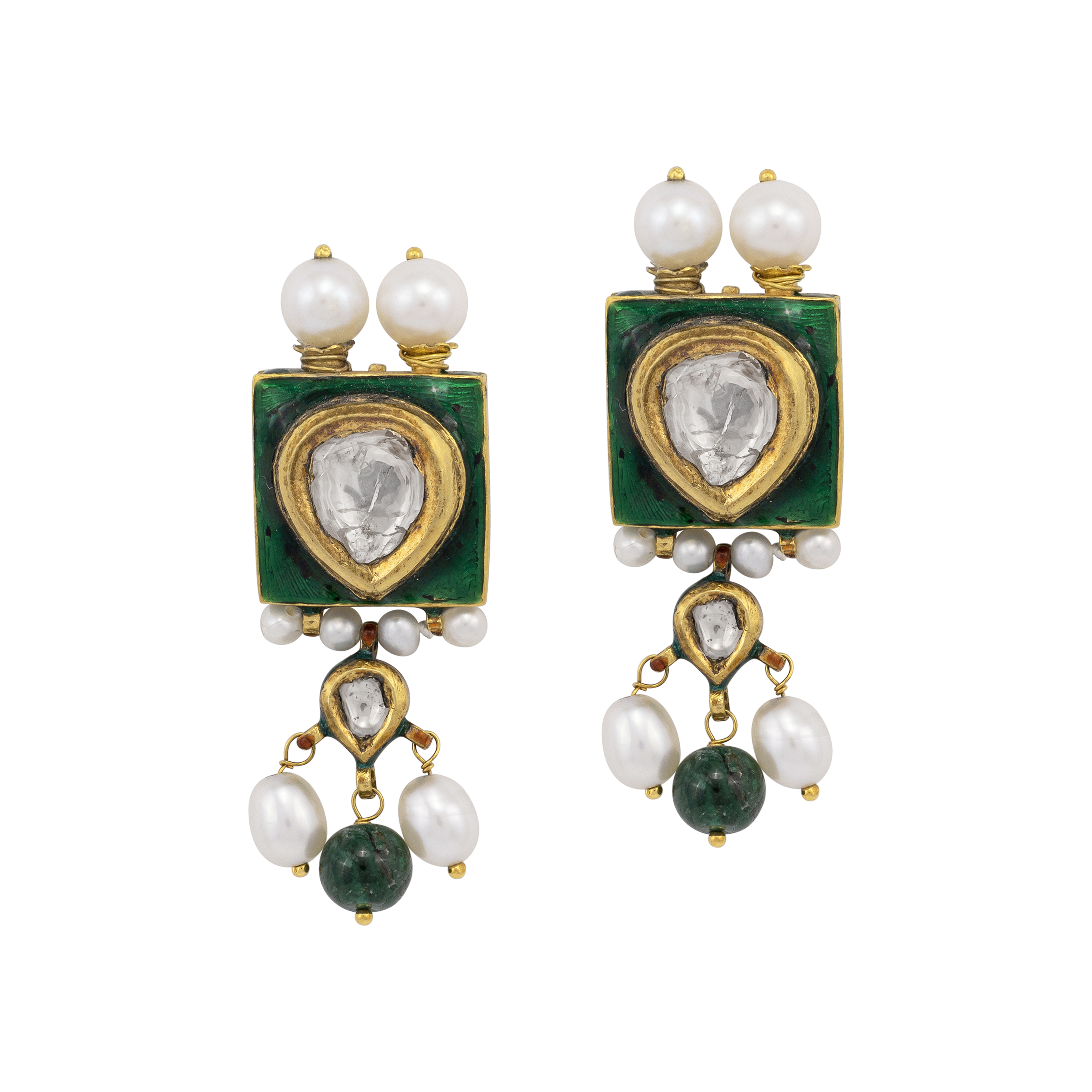 Green Meenakari Jadau Earrings with Pearls and Emerald Drops